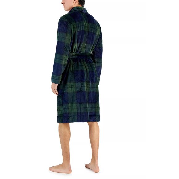 new Sz L/XL Club Room Men's Super-Soft Pajama Robe in EMERALD GREEN BLUE TARTAN - Picture 3 of 6